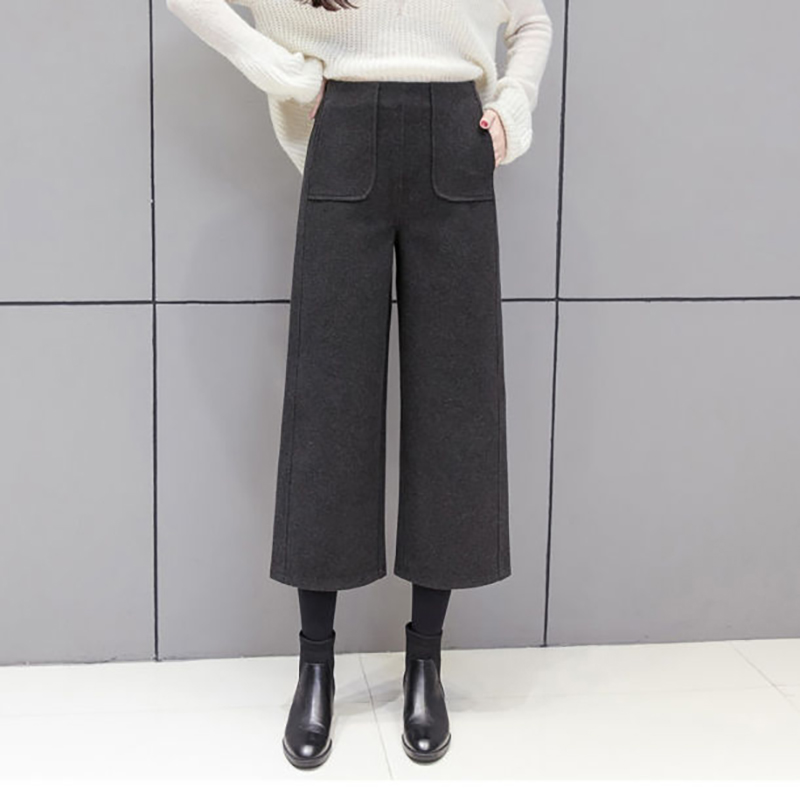 寬鬆九分直筒毛呢寬褲(2色)