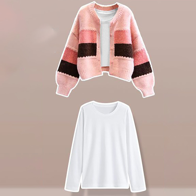 洋氣針織開襟衫+白色長袖T卹+顯瘦休閒闊腿褲三件套(4色)