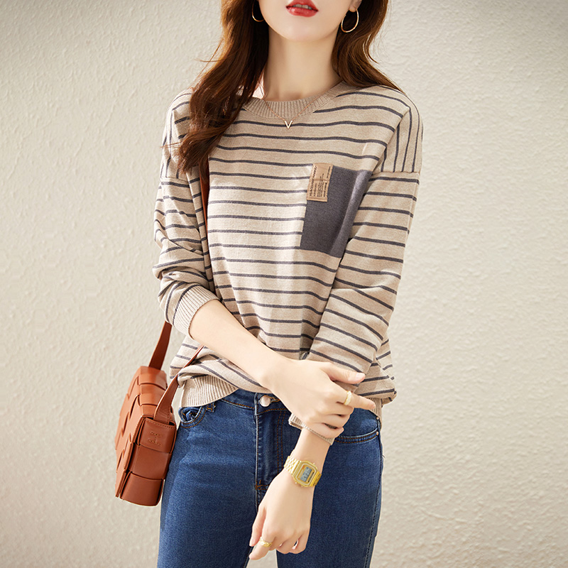 韓系氣質寬鬆百搭低圓領條紋針織衫(4色)