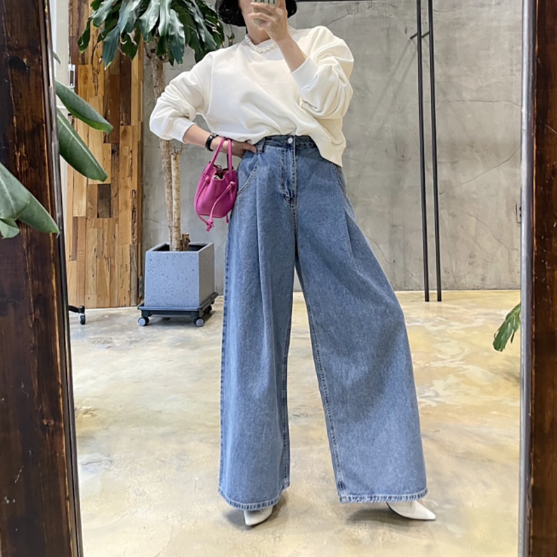 復古百搭壓褶高腰顯瘦闊腿牛仔褲