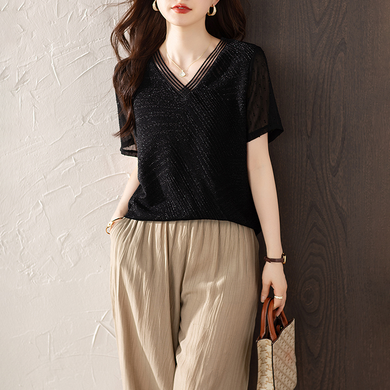 優雅知性拼接蕾絲短袖小衫