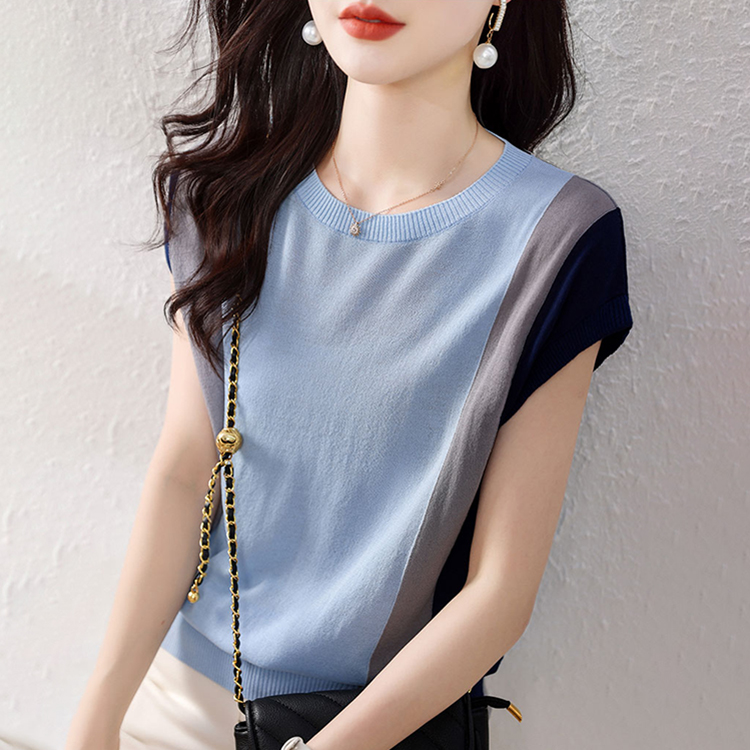 優雅軟糯親膚撞色圓領短袖T恤