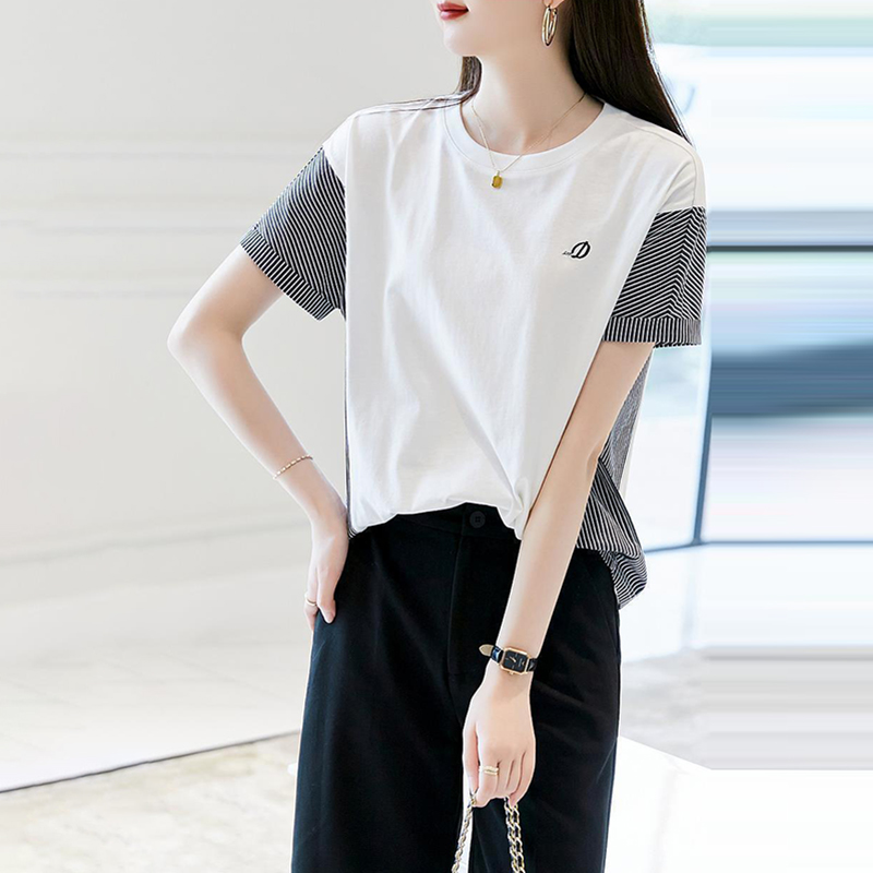 時尚圓領刺繡條紋短袖T恤