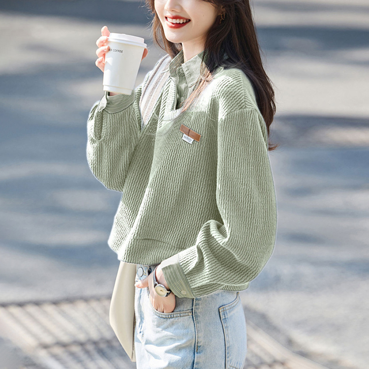 翻領條紋拼接假兩款短款衛衣(3色)