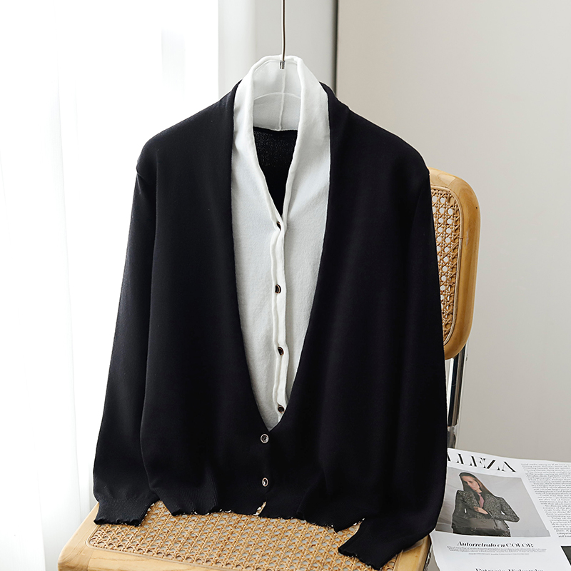 寬鬆假兩件V領拼色針織開襟衫(3色)