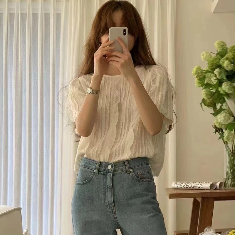褶皺設計木耳邊繫帶短袖襯衫(2色)