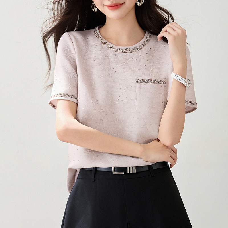 紫粉色立體花朵短款T恤