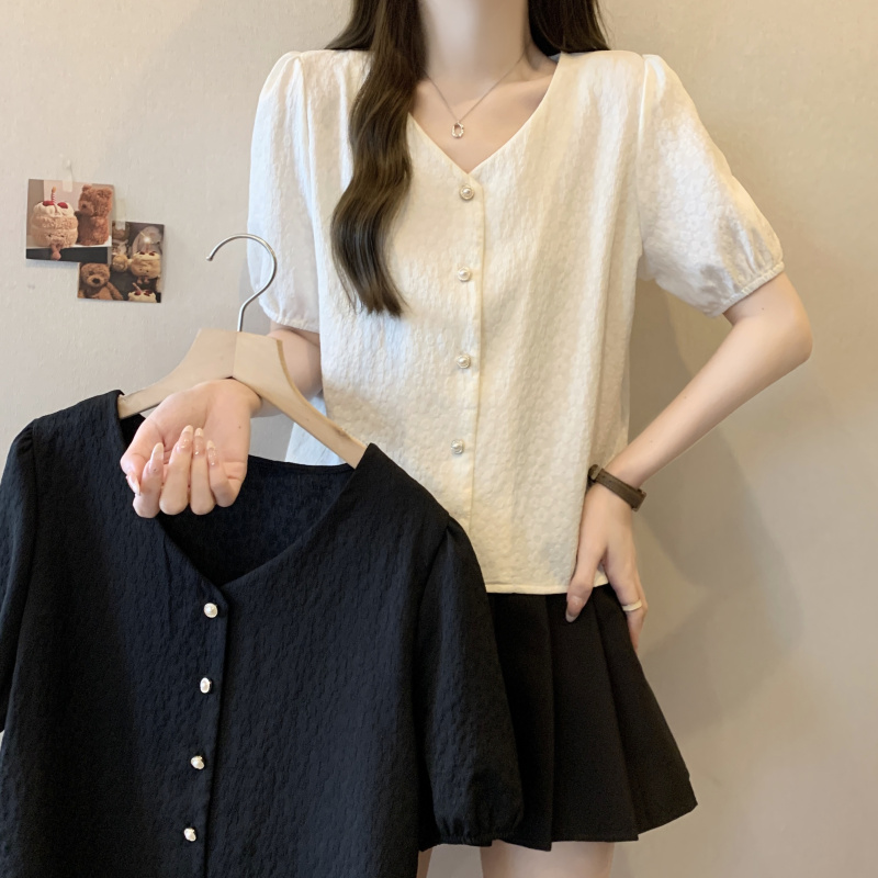 肌理感百搭純色顯瘦短袖襯衫(2色)