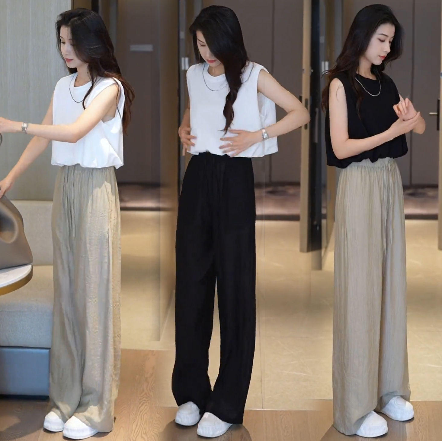【整買/單買】百搭無袖圓領T卹冰絲闊腿褲套裝(2色)