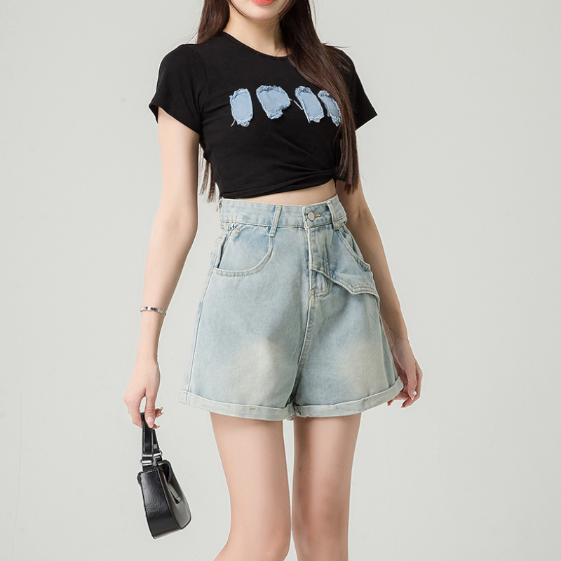 高腰口袋顯瘦寬腿A字牛仔短褲