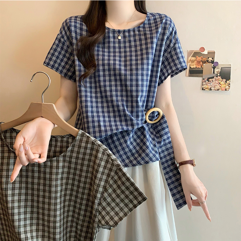 復古褶皺設計感格紋T恤(2色)