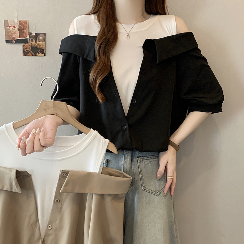 百搭設計感小眾假兩件露肩襯衫(2色)