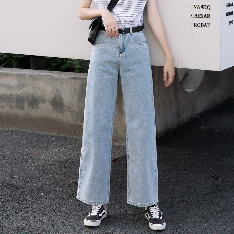 簡約高腰寬鬆直筒牛仔闊腿褲