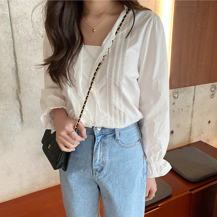 韓式蕾絲拼接純色長袖襯衫
