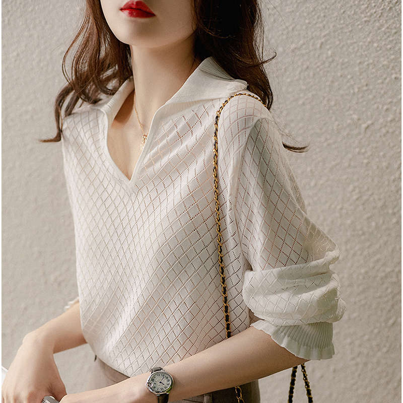 法式鏤空冰絲V領針織衫(3色)