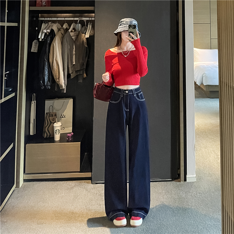 韓系高腰寬鬆遮胯闊腿丹寧藍牛仔褲