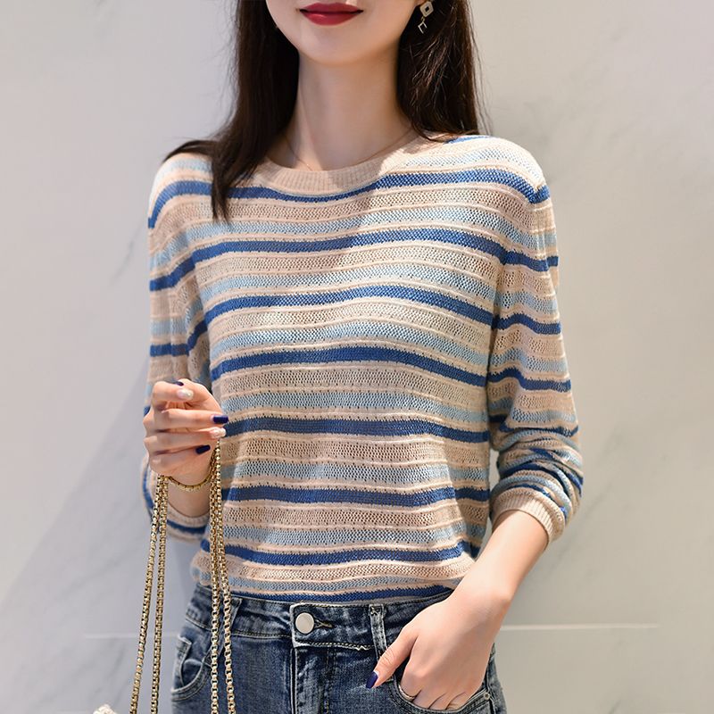 薄條條紋鏤空針織衫(2色)