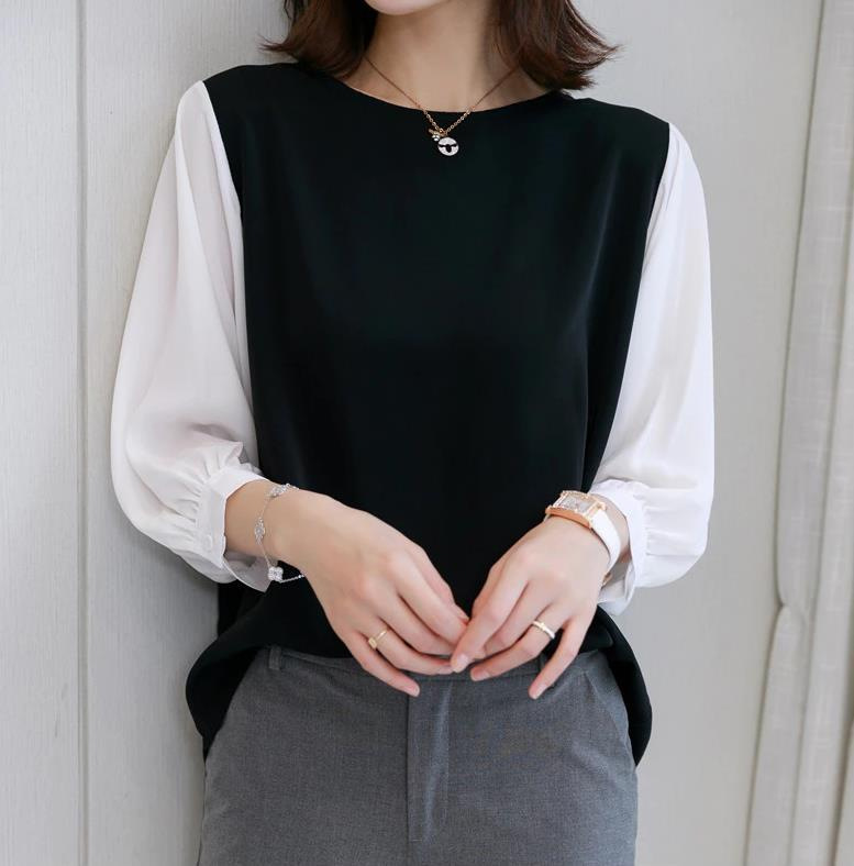 韓版假兩件拼接設計寬鬆襯衫(3色)