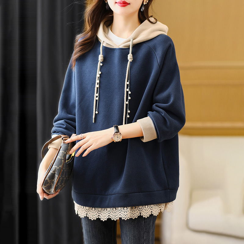 連帽拼色蕾絲下擺設計寬鬆衛衣