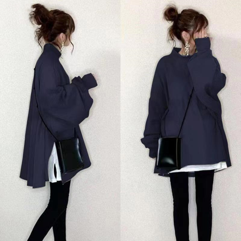 日系假兩件蝙蝠袖荷葉領袋鼠兜長款衛衣(10色)