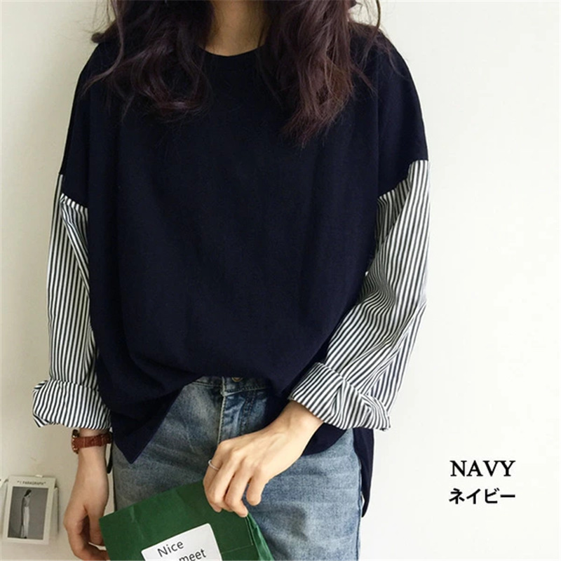 日本樂天爆款寬鬆百搭BF風條紋拼接長袖T恤(3色)