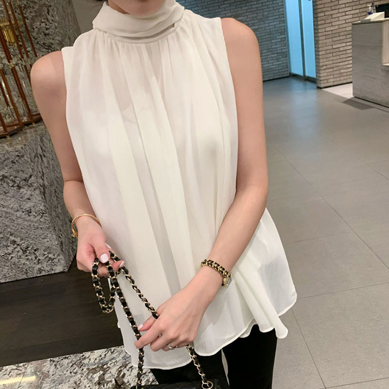 韓系優雅掛脖蝴蝶結無袖背心式襯衫(4色)