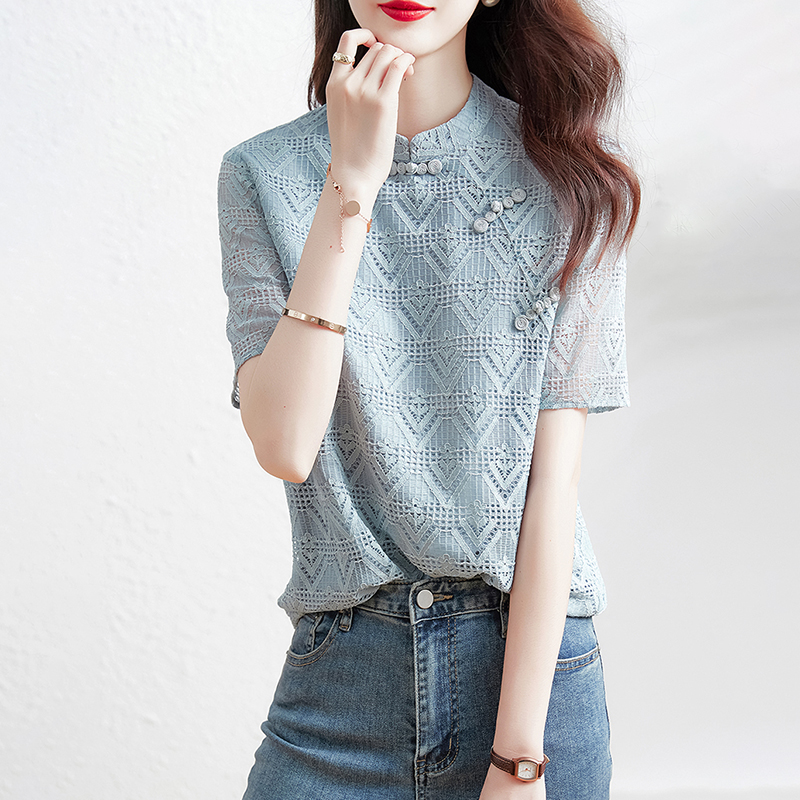 復古蕾絲夠花設計短袖襯衫