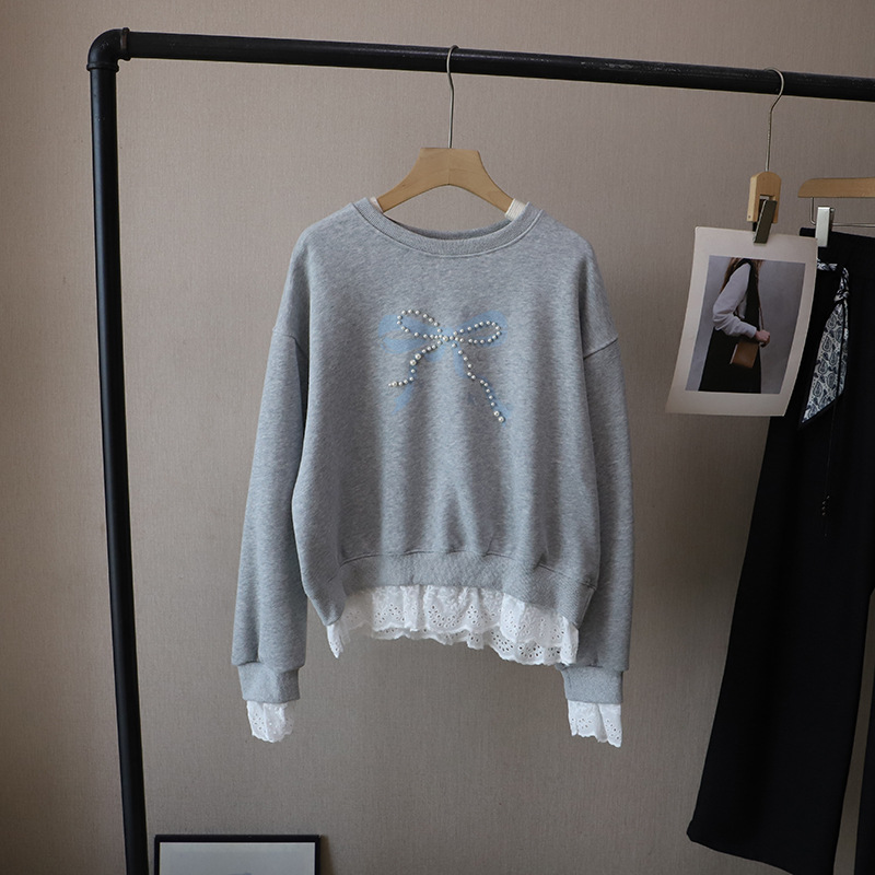 韓系蕾絲拼接蝴蝶結釘珠假兩件衛衣(4色)