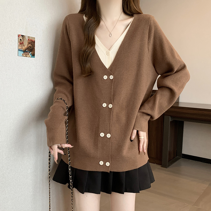 V領撞色假兩件雙排扣針織衫(2色)