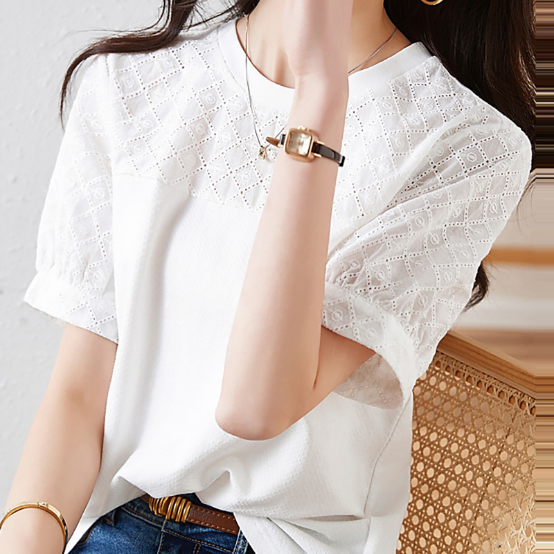 百搭圓領刺繡拼接短袖T恤