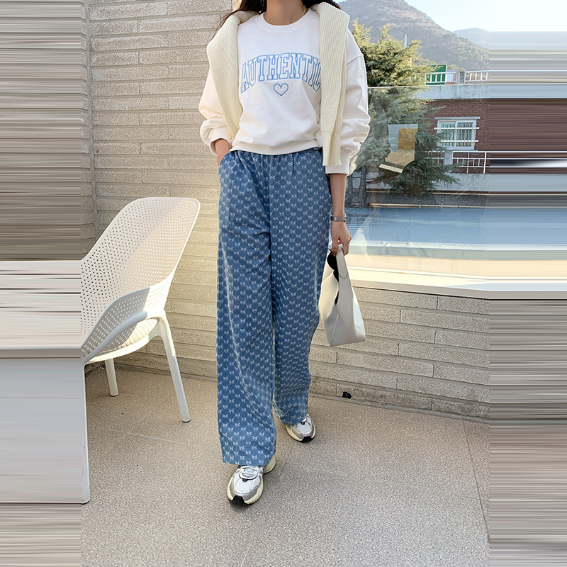 韓系復古蝴蝶結提花直筒繫帶水洗牛仔褲