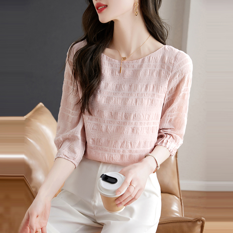 甜系圓領壓褶皺七分袖小衫