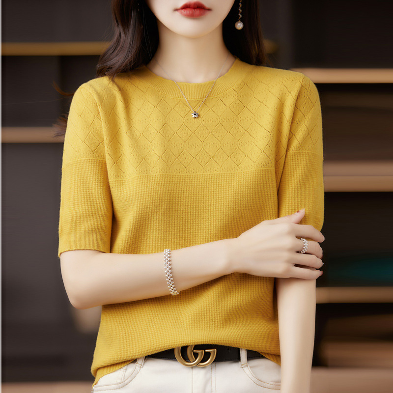 薄款鏤空菱形格針織短袖T恤(14色)