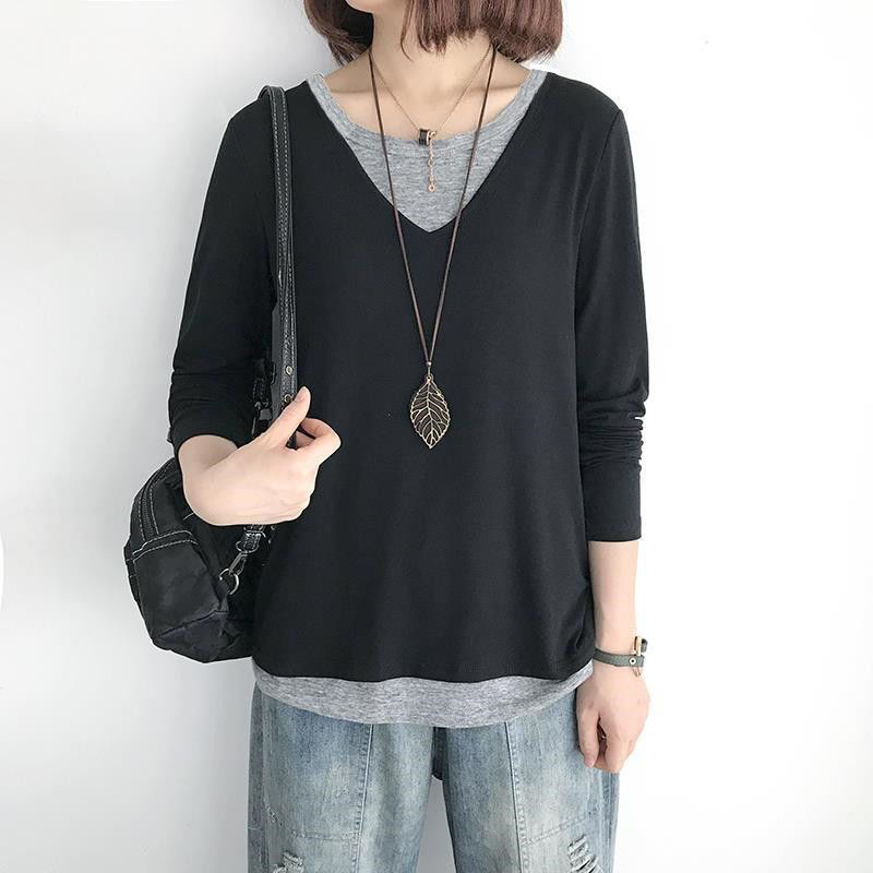 韓系拼接假兩件長袖T恤