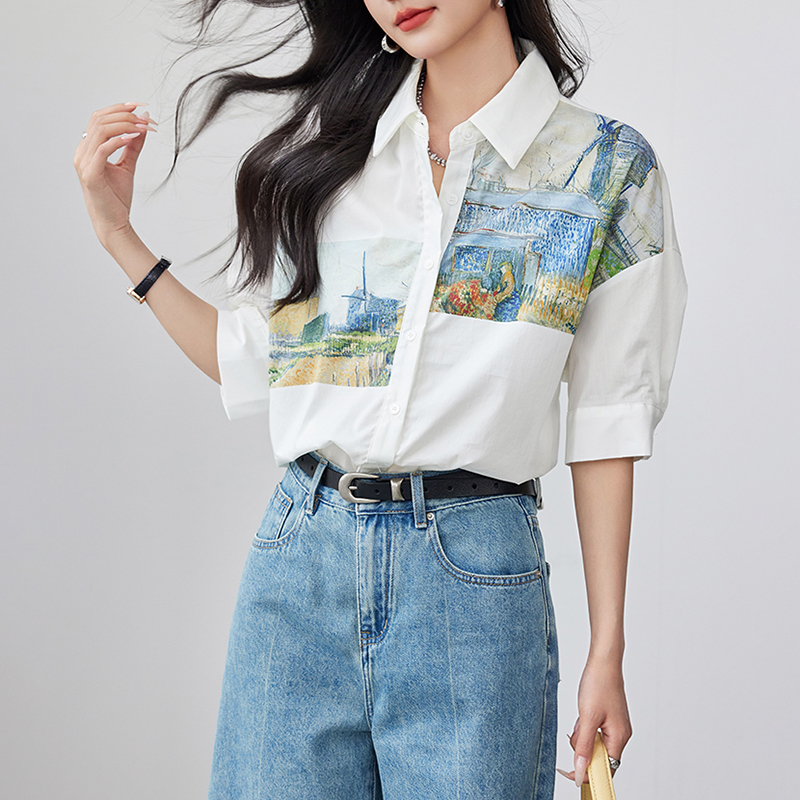 設計感印花短袖襯衫