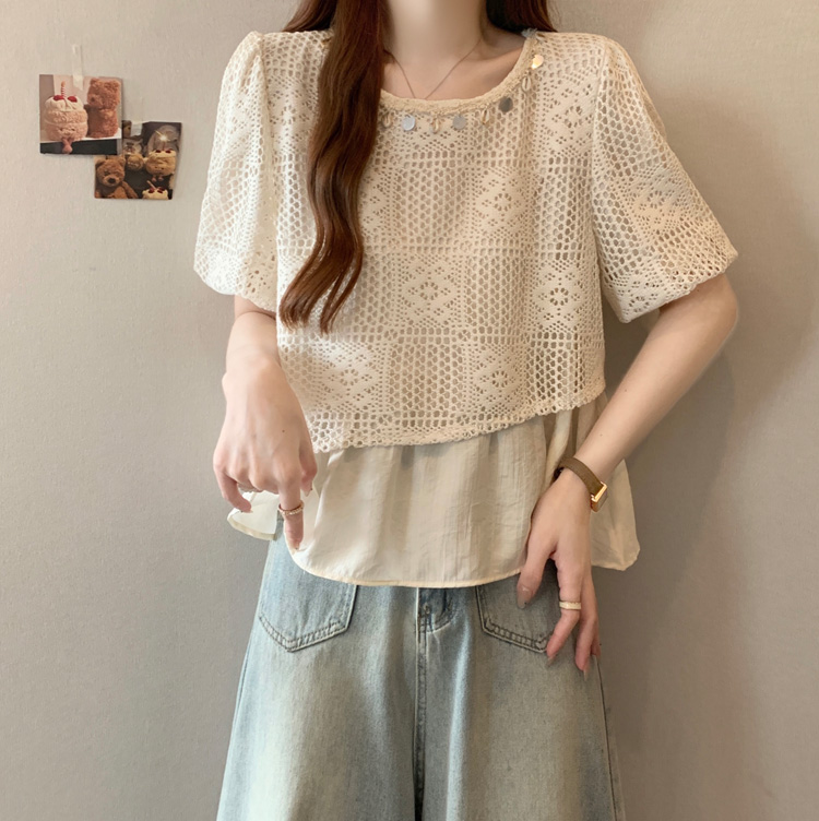 波西米亞風假兩件拼接鏤空短袖/無袖小衫