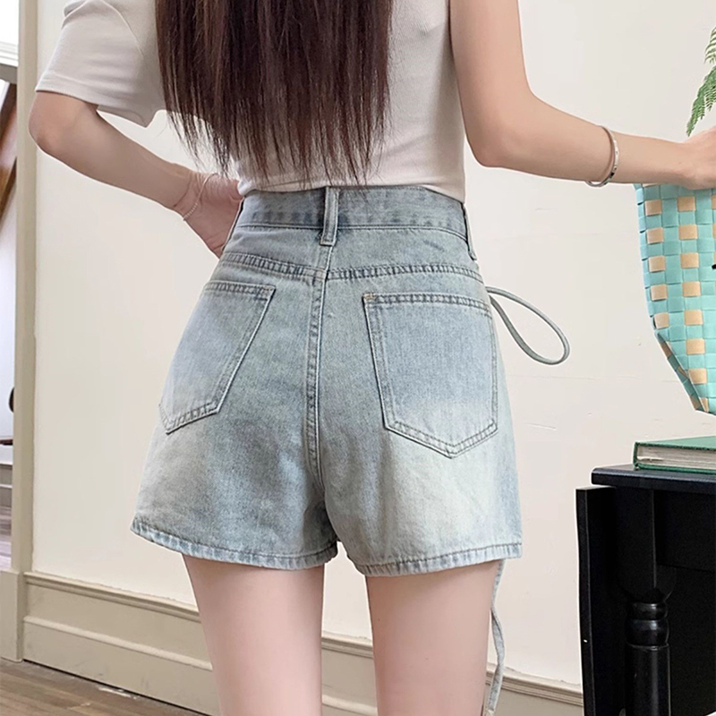 高腰不規則設計綁帶假兩件牛仔短裙褲(2色)