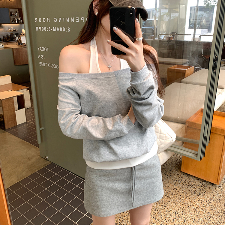 韓系掛脖一字領露肩假兩件長袖衛衣(2色)