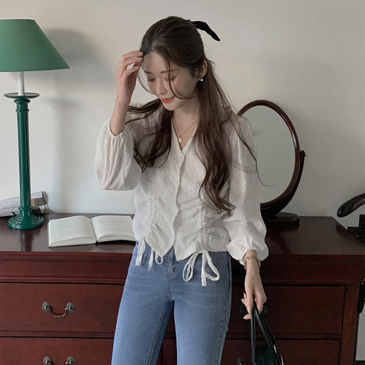 韓國V領抽繩繫帶鉤花襯衫