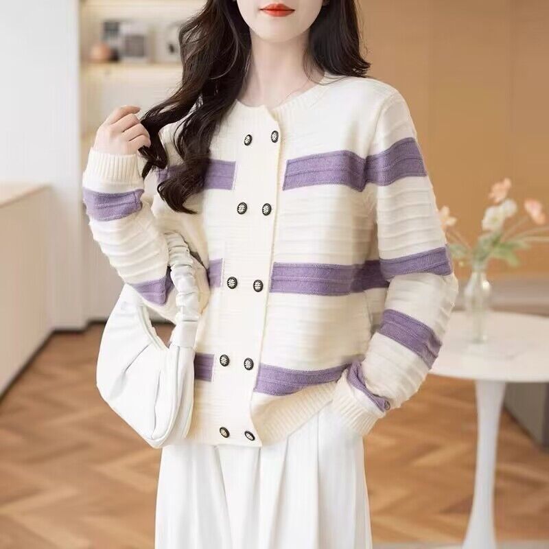 休閒條紋雙排扣針織開襟衫(4色)