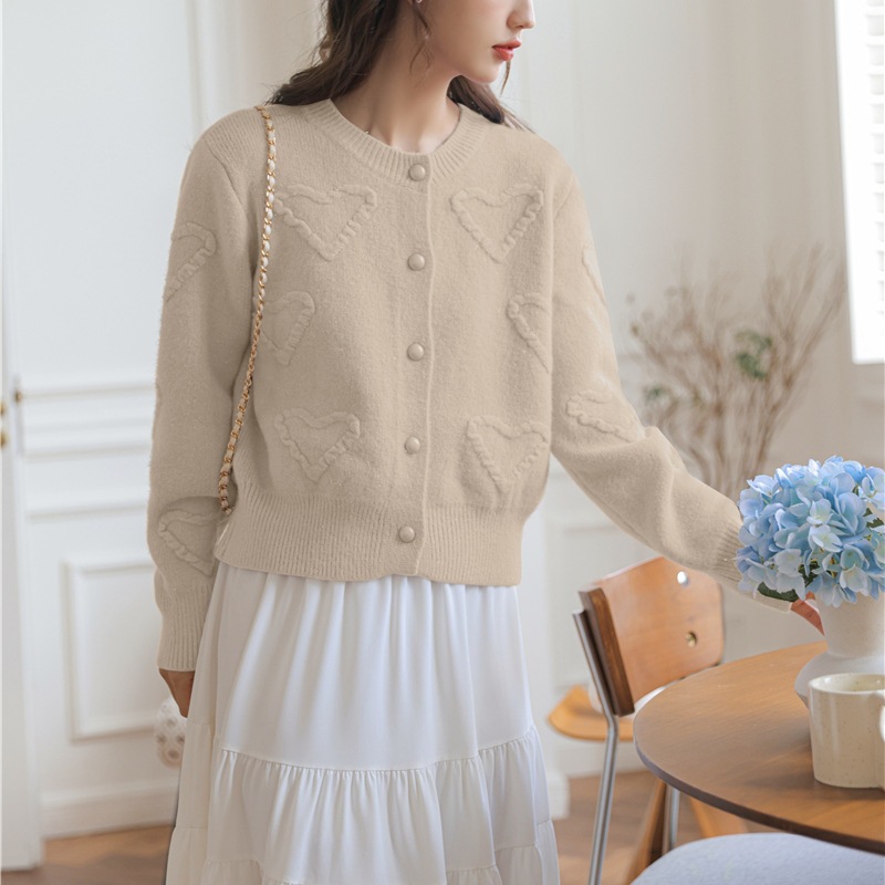 甜美圓領簡約立體愛心針織開襟衫(6色)