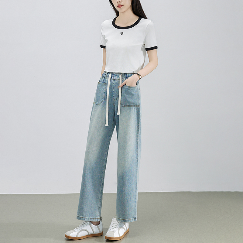 休閒鬆緊腰直筒牛仔褲