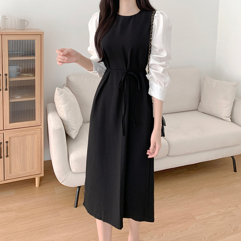 法式圓領撞色長袖连身裙