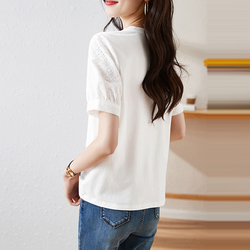 百搭圓領刺繡拼接短袖T恤