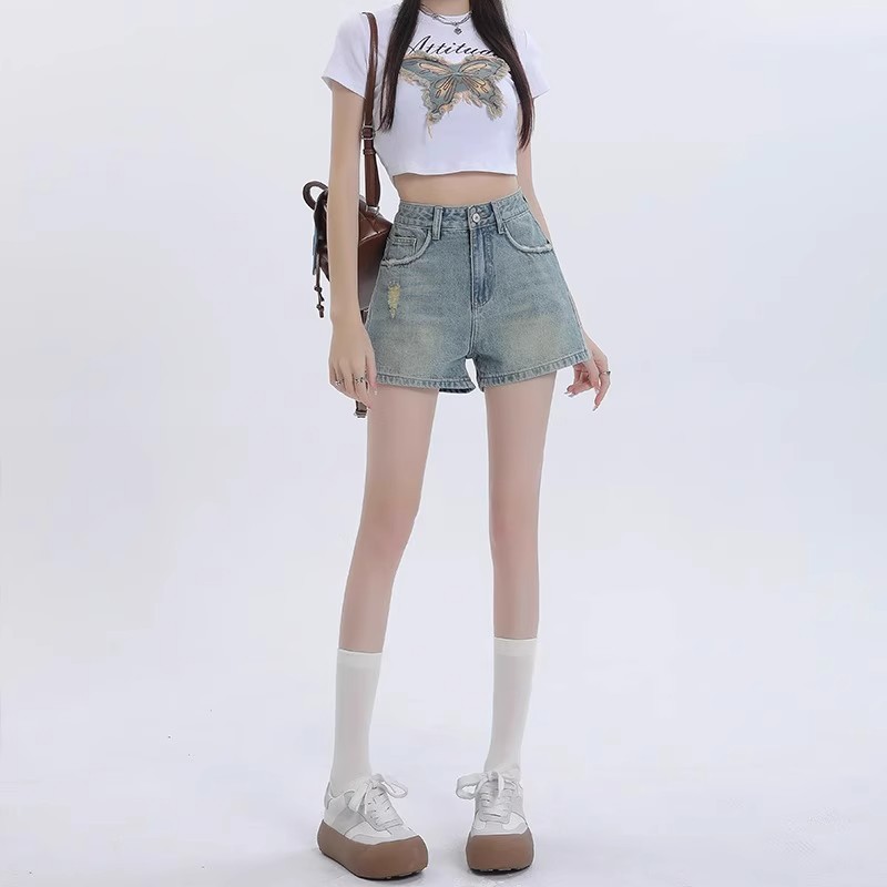 復古破洞高腰A字牛仔短褲
