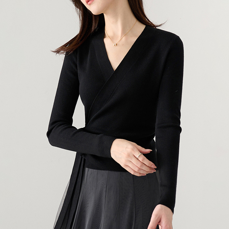 純色圍裹式V領綁帶針織衫(3色)