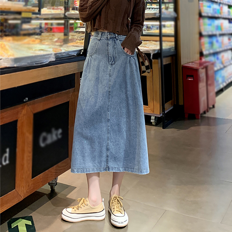 休閒鬆緊高腰A字洗水牛仔裙