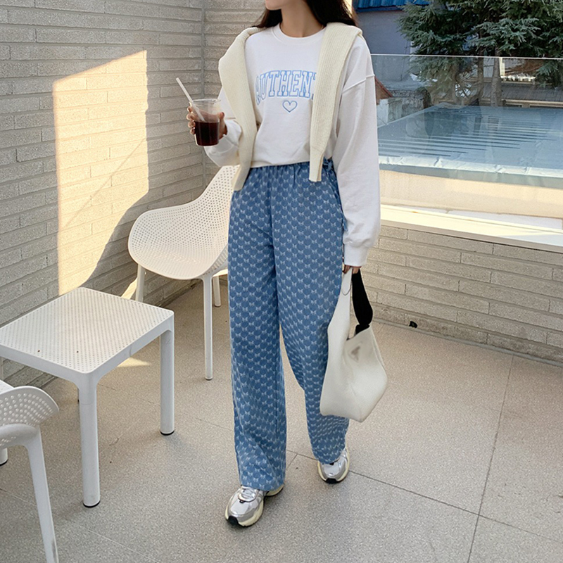 韓系復古蝴蝶結提花直筒繫帶水洗牛仔褲