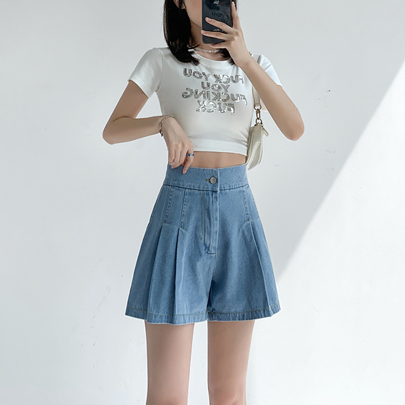 鬆緊高腰A字水牛仔短褲(2色)