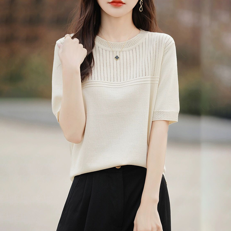 簡約氣質百搭設計感純色鏤空針織短袖(5色)